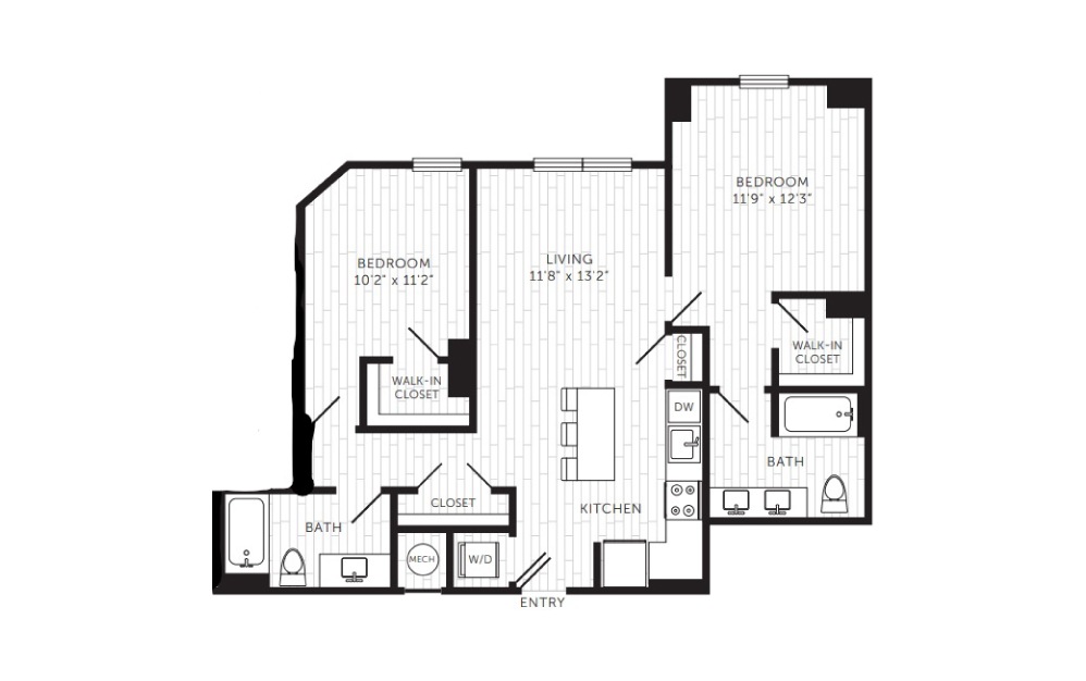 C02 - 2 bedroom floorplan layout with 2 baths and 953 square feet.